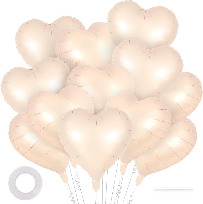 12 Pcs Beige Heart Balloons, 18 Inch Heart Foil Balloons Love Balloon Valentine by YOTHORN