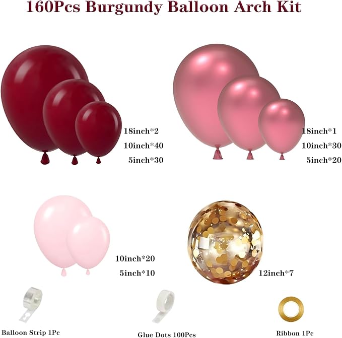 Burgundy Pink Balloon Garland Arch Kit 160pcs Burgundy Metallic Red Pink Latex - Image 2
