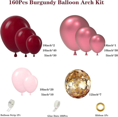 Burgundy Pink Balloon Garland Arch Kit 160pcs Burgundy Metallic Red Pink Latex - Image 2