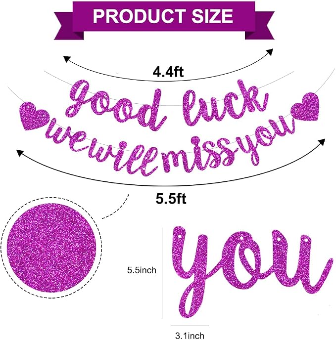 BEISHIDA Purple Good Luck We Will Miss You Banner Party Decor No DIY | Glitter - Image 3