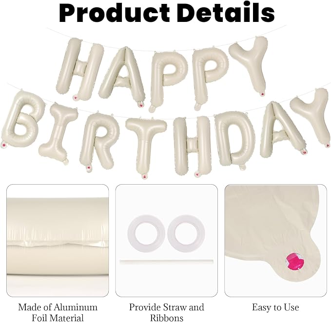 65 Pcs Cream Happy Birthday Balloons, 2 Sets A-Z Cream Letters Foil Balloons - Image 5