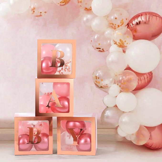 Voircoloria Baby Boxes with Letters, Rose Gold, 4 Transparent Balloon Boxes | - Image 4