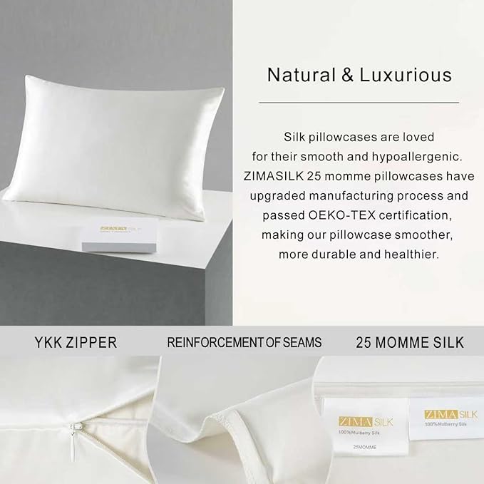 ZIMASILK 25 Momme 100% Pure Mulberry Silk Pillowcase for Hair and Skin Care, Highest Grade 6A Pillow Cases for Women, Long-Lasting Durablity, Gift for Women Men, 1Pc (Queen 20"x30", Ivory)