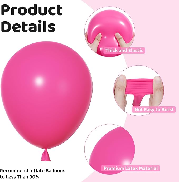 Ouddy Party 129Pcs Hot Pink Balloons Different Sizes 18 12 10 5 Inch, Latex - Image 3