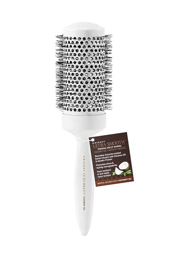 Cricket Ultra Smooth Coconut Thermal Hair Brush – 2” Ceramic Barrel, Coconut Oil and Keratin-Infused, Anti-Static Heat-Resistant Bristles, Textured Handle for Styling All Hair Types