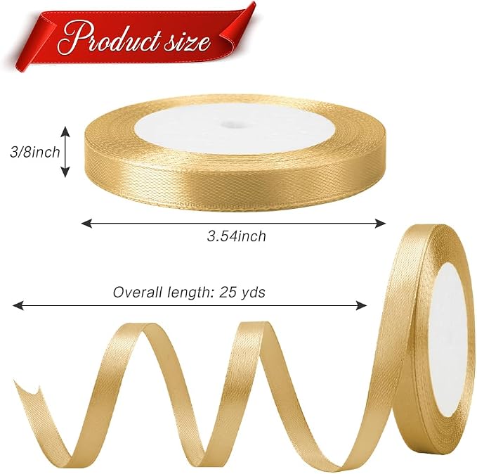 Gold Ribbon for Gift Wrapping Gold Fabric Satin Ribbon 3/8 Inch 25 Yards Yellow - Image 2