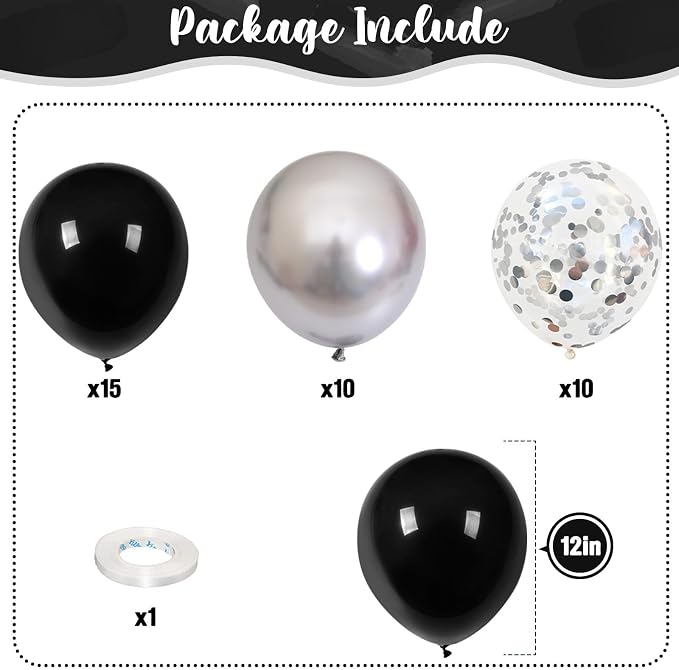 Black and Silver Balloons, 12 Inch Metallic Chrome Black Silver Confetti Latex - Image 2