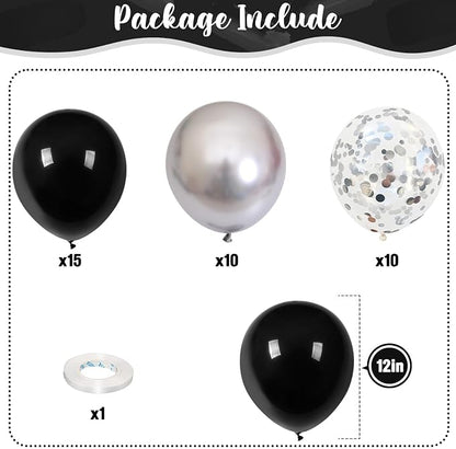 Black and Silver Balloons, 12 Inch Metallic Chrome Black Silver Confetti Latex - Image 2