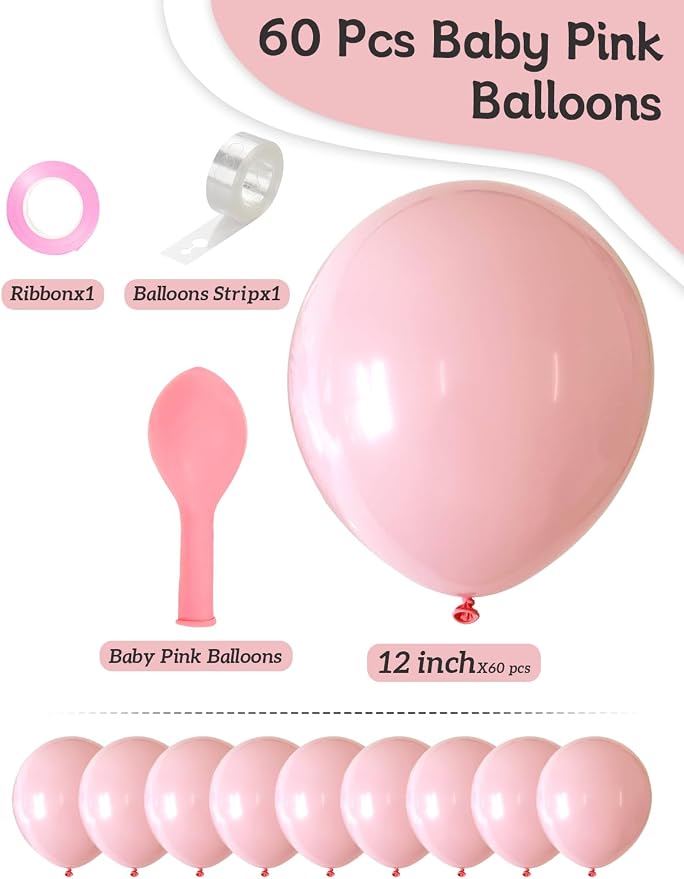 Pink Balloons 12 Inch 60 Pcs Light Baby Pastel Pink Latex Balloons - Image 3
