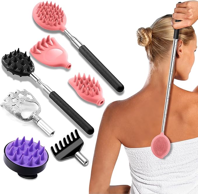 Back Scratcher Extendable with 6 Detachable Scratching Heads and Hair Scalp Massager for Itches Lotion Application Spa Adults Women Men Seniors The Disabled Baby Pink
