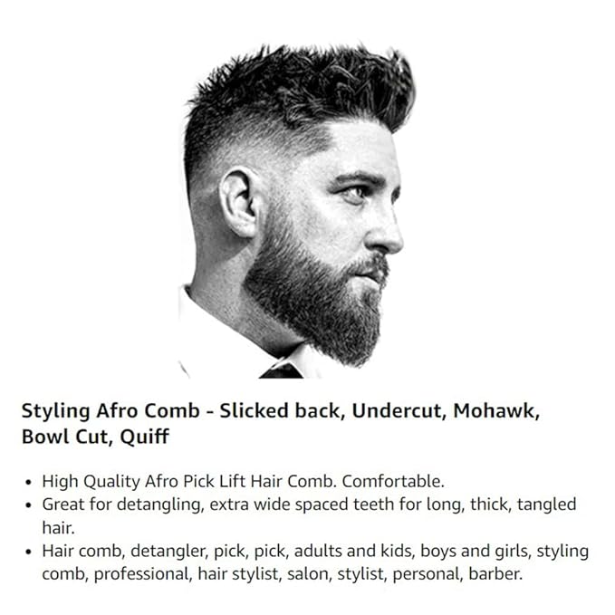 (2 Pack) 8" Long Black Fist Metal Afro Pick Lift Hair Comb Detangle Wig Braid Hair Man Styling Comb