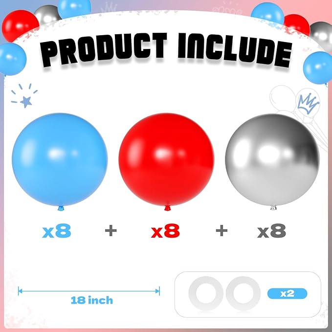 Blue Red and Silver Balloons 18 Inch 24 Pack Matte Helium Latex Round Balloons - Image 2