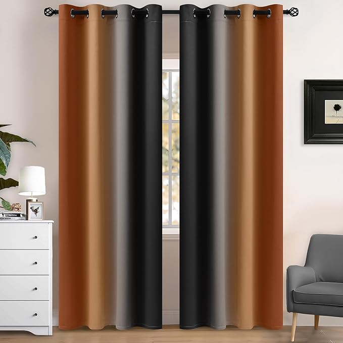 Yakamok Blackout Ombre Burnt Orange and Black Curtains-Gradient Room Darkening by Yakamok