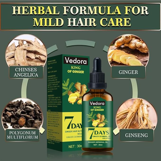 Vedora Ginger Oil for Hair Growth alongwith Roller - Hair Growth Serum, 100% Pure Natural Ginger Essential Oil - Promotes Strong, Thick, Long Hair in Women & Men - 5.05 Fl Oz / 150ML (5 PCS+Roller)