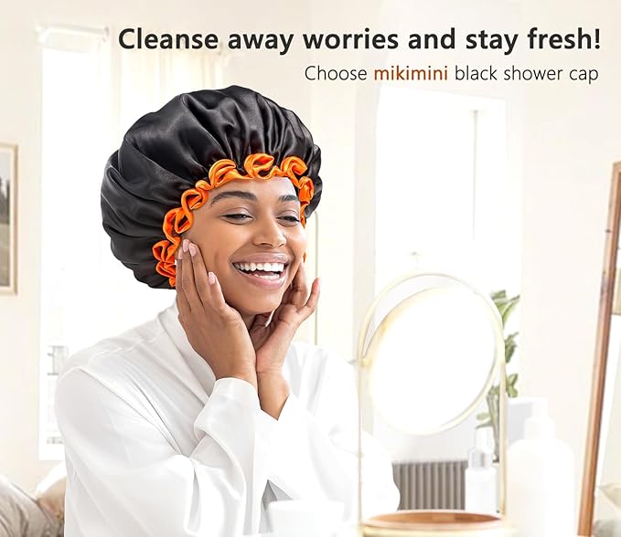 mikimini Black Shower Cap, Double Layers Waterproof Bathing Hair Cap with Reusable Soft Comfortable PEVA Lining, Cute, Non-fading & Stretchy Shower Hat Medium (Pack of 1) Black + Orange