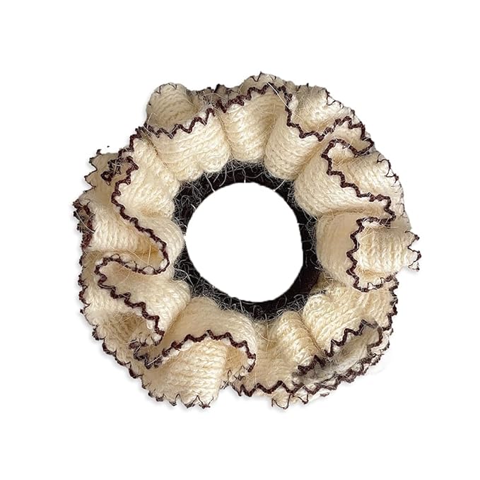 2 Pcs Soft Fabric Scrunchies for Hair,3.9 inch Medium Elastic Hair Ties Ropes Crochet Knit Silky Scrunchie for Women-Beige
