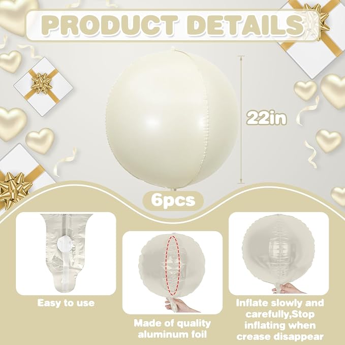 6Pcs Cream White Round Foil Balloons, Giant 4D Round Ball Balloon, 22 Inch - Image 2