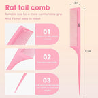 Rat Tail Comb 2Pcs Rat Combs for Women, Fine Tooth Parting Tip Carbon Fiber Root Teasing Anti Static Hair Comb, for Styling （Black,Pink ）
