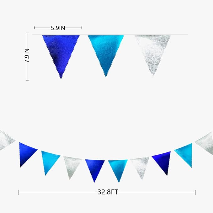 Navy Blue Silver Party Decorations Metallic Fabric Triangle Pennant Banner Flag - Image 2