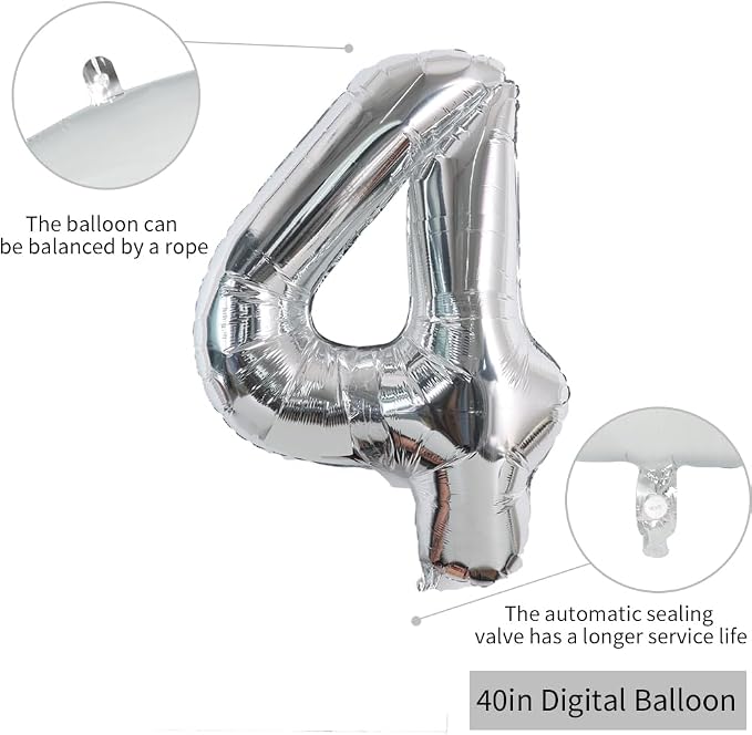 TONIFUL 40 Inch Silver Number 4 Balloon Large Foil 4th Birthday Decorations | - Image 2