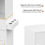 Salon Station for Hair Stylist - Barber Beauty Spa Equipment With 2 Drawers, 2 Storage Cabinets, 6 Hair Dryer Holders for Styling - White Gold