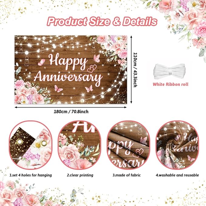 AIBIIN Pink Floral Happy Anniversary Banner Backdrop 6x3.6ft | Happy - Image 2
