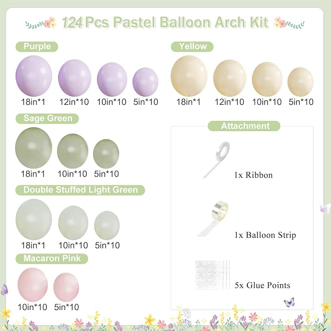 124 Pastel Balloon Arch Kit for Wildflower Baby Shower Birthday Decorations | - Image 2