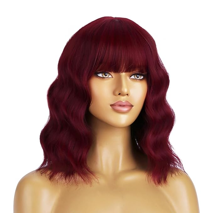 BERON 14 Inches Red Wig Short Curly Wigs Wine Red Wigs with Bangs for Women Synthetic Wig with Hairnet