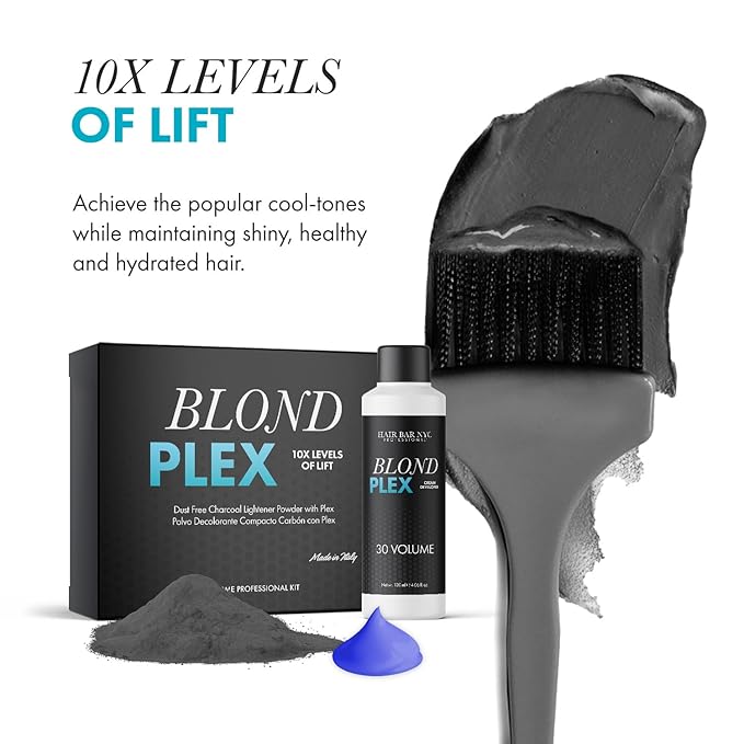 Hair Bar NYC Blond Plex 10X Lightener + 30 Volume Violet Developer Kit – Dust-Free Charcoal Bleach Powder (50g / 1.76 oz) + Anti-Brass Developer (120 ml / 4.06 fl oz) – Bond-Building Formula