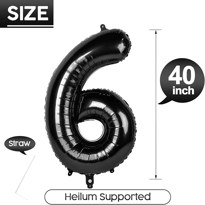 6 Balloon - Black Birthday Number Balloons, 40 Inch Decorations Men Women | - Image 5