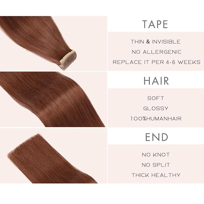 Tape in Hair Extensions Human Hair Dark Auburn Remy Hair Extensions 20pcs 14 Inch Straight Invisible Human Hair Tape in Extensions Skin Weft Tape Extensions Human Hair (33#,14 Inch)