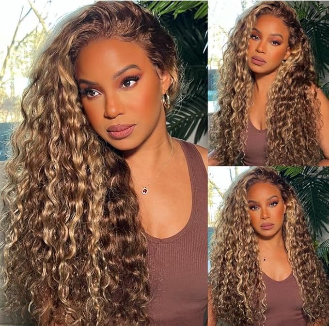 Honey Blonde Human Hair Wigs 13x6 HD Highlight Ombre Deep Wave Lace Front Wigs Human Hair 180 Density Glueless Deep Wave 4/27 Colored Wet and Wavy Curly Wig Pre Plucked for Women 22 Inch