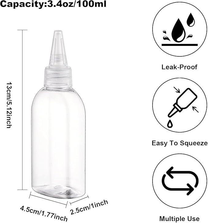 Cosywell Paint Bottles 4Pack 100ml/3.4oz Empty Squeeze Bottles Leak-Proof Refillable Plastic Hair Color Applicator Bottle Paint Storage Containers for Paint Art Crafts Shampoo Liquids(Clear)
