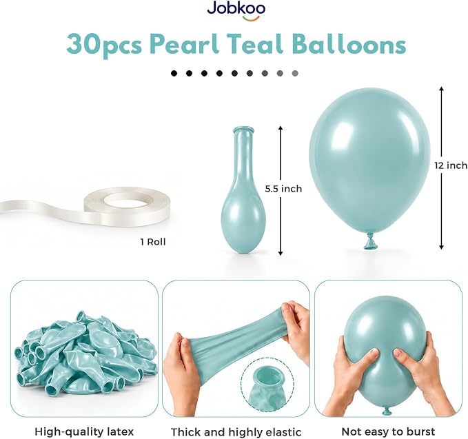 Jobkoo Pearl Teal Balloons, 12 Inch Pearl Turquoise Aqua Blue Latex Balloon | - Image 2
