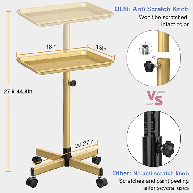 Salon Tray Cart, Salon Rolling Tray Adjustable Height, Tattoo Tray, SPA Rolling Trolley Tray for Beauty Hairstylist Dental Clinic,Champagne Gold