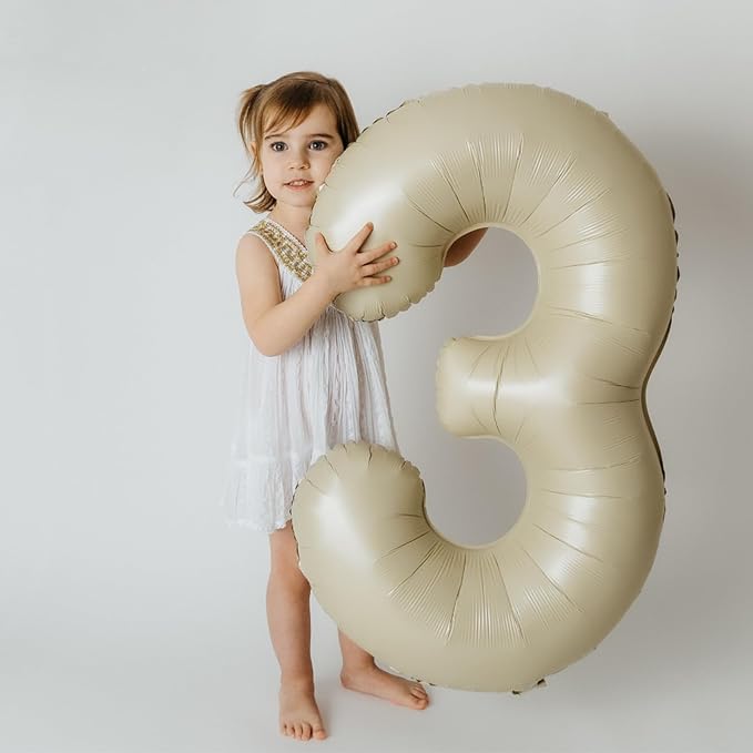 Number 3 Balloon Beige, 40 Inch Large Cream Foil 3 Helium Balloons - Image 3