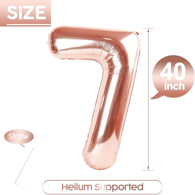 7 Balloon - Rose Gold Birthday Number Balloons, 40 Inch Party Decorations | - Image 5