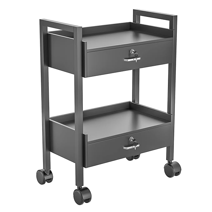 Salon Beauty Cabinet Cart Trolley 2-Layer Rolling Storage Drawer Organizer Wheels Lockable Tool Salon Station Barber Stylist Equipment Makeup Spa Cart (Black-2 Layer)