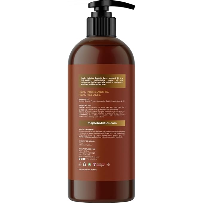 USDA Organic Sweet Almond Oil - Pure Cold Pressed Organic Almond Oil for Skin Hair and Nails - Moisturizing Organic Body Oil for Women and Men plus Carrier Oil for Essential Oils Mixing 16oz