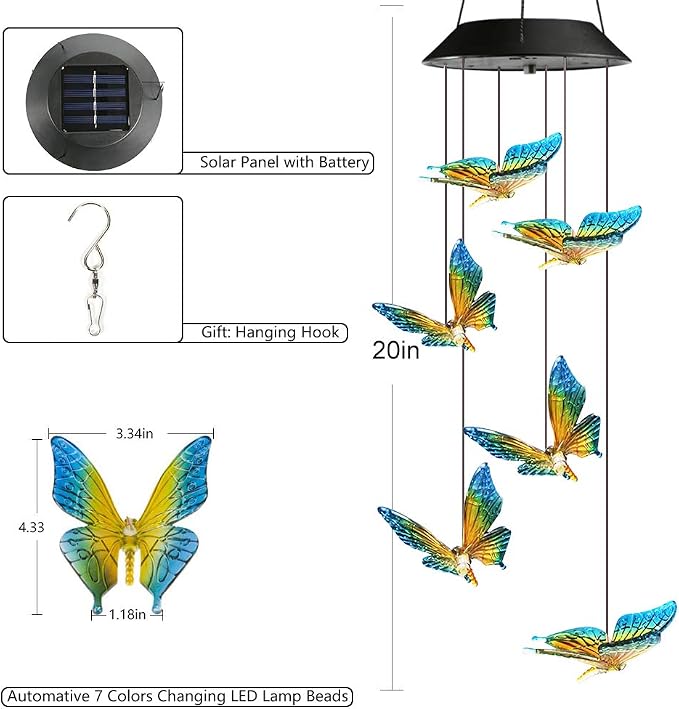 Toodour Solar Wind Chime, Color Changing Wind Chimes Butterfly Gift - Image 2