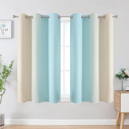 Beige and Aqua Ombre Blackout Curtains 54 Inch Length 2 Panels, Full Room - Image 2