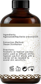 Agarwood Essential Oil, Pure Natural Organic Oud Essential Oil for Diffuser Meditation and DIY Cosmetic Making - 4 Oz