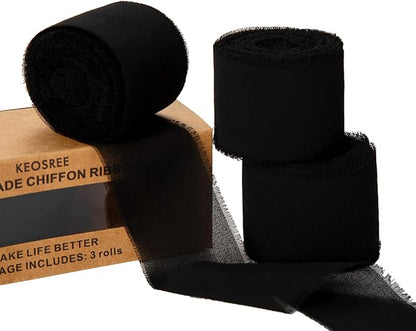KEOSREE 3 Rolls Black Handmade Chiffon Ribbon, 1.5" x 21Yd | Frayed Fringe Silk by KEOSREE