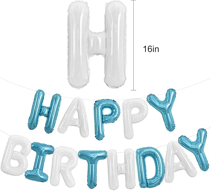 TONIFUL 16 Inch Light Blue White Happy Birthday Balloons Banner Decorations | - Image 2