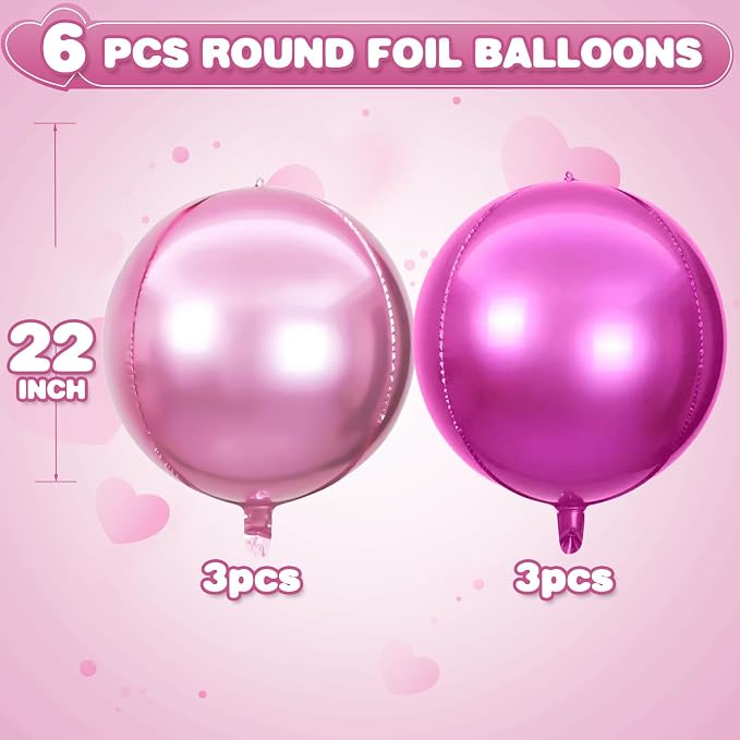 6Pcs Hot Pink and Pink Round Foil Balloons, Giant 4D Round Ball Balloons - Image 2