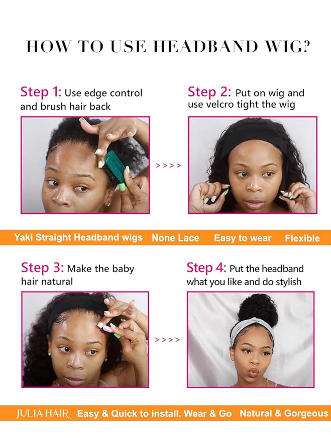 Julia Hair 12A Headband Wig Human Hair Yaki Straight Glueless None Lace Half Wig With Pre-attached Scarf Ombre Chestnut Brown Highlight With Dark Roots for Black Women Put on and Go 20 Inch
