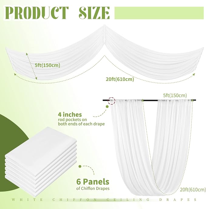 6 Panels White Ceiling Drapes for Wedding Ceiling Drapes 5ftx20ft Wedding Arch - Image 2
