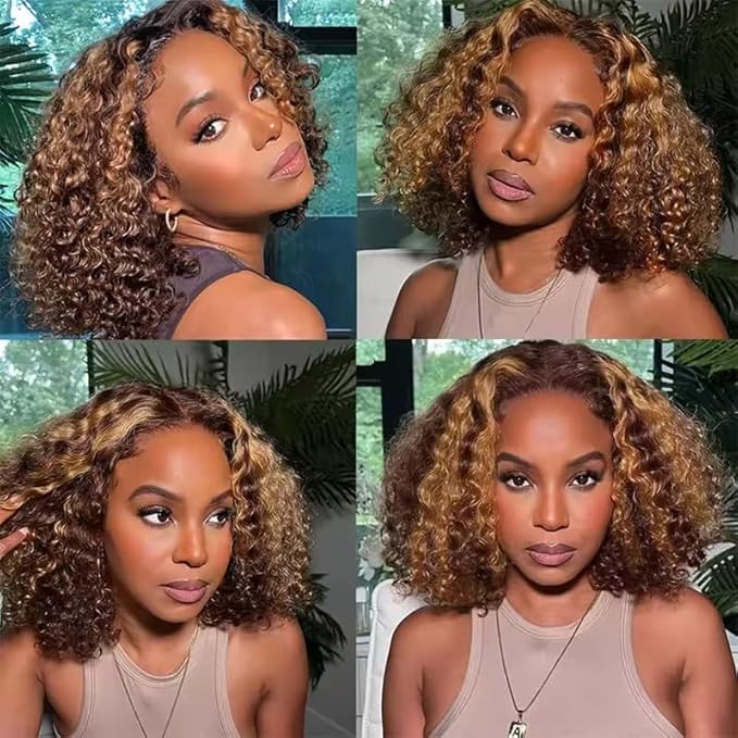 Water Wave Human Hair wig 13x4 Honey Blonde Deep Curly Human Hair wig 220% Density Ombre Deep Wave 4/27 Highlight Lace Front Wigs Wet And Wavy Water Wave Wig for Women 18 Inch