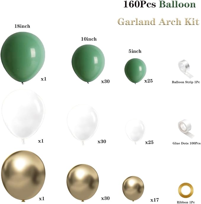 Sage Green Gold Balloon Garland Arch Kit 160Pcs Sage Green White and Gold Latex - Image 2