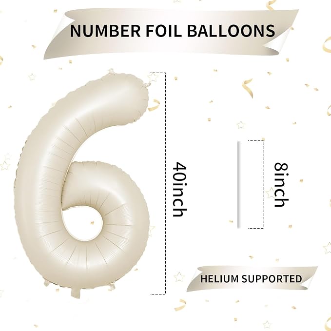 40 Inch Cream Number 6 Balloon, Digital 6 Cream White Giant 6 Foil Balloon - Image 2